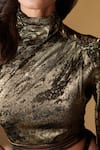 Shop_S&N by Shantnu Nikhil_Gold Sandwash Foil And Faux Leather High Neck One Shoulder Metallic Draped Top _Online_at_Aza_Fashions