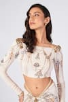 S&N by Shantnu Nikhil_Off White Poly Jersey Printed Jewel Boat Crop Top _Online_at_Aza_Fashions