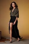 Shop_S&N by Shantnu Nikhil_Black Sandwash Foil V Neck Pleated Cape Style Draped Gown _Online_at_Aza_Fashions