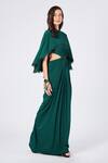 Shop_S&N By Shantnu Nikhil_Emerald Green Polyester High Neck Cutout Draped Gown_Online_at_Aza_Fashions