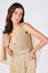 S&N by Shantnu Nikhil_Gold Textured Georgette Embellished V Neck Draped Gown _Online_at_Aza_Fashions