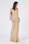 Shop_S&N by Shantnu Nikhil_Gold Textured Georgette Embellished V Neck Draped Gown _Online_at_Aza_Fashions