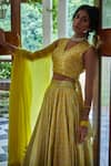 Seema Nanda_Yellow Chanderi Silk Printed Phulkari V Neck Paakhi Lehenga Set  _Online_at_Aza_Fashions