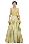 Buy_Seema Nanda_Yellow Chanderi Silk Printed Phulkari V Neck Paakhi Lehenga Set  _Online_at_Aza_Fashions
