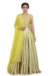 Shop_Seema Nanda_Yellow Chanderi Silk Printed Phulkari V Neck Paakhi Lehenga Set  _Online_at_Aza_Fashions