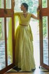 Seema Nanda_Yellow Chanderi Silk Printed Phulkari V Neck Paakhi Lehenga Set  _at_Aza_Fashions