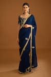 Shyam Narayan Prasad_Blue Dupion Silk Embroidered Zardozi Leaf Neck Work Saree With Blouse _Online_at_Aza_Fashions