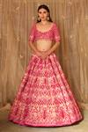 Shyam Narayan Prasad_Peach Brocade Embroidered Applique Scoop Neck Thread And Work Bridal Lehenga Set _Online_at_Aza_Fashions