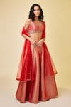 Shop_Shyam Narayan Prasad_Red Brocade Embroidered Zardozi Work Leaf Neck Sharara Blouse Set _Online_at_Aza_Fashions