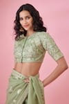 Shyam Narayan Prasad_Green Organza Embroidered Gota And Thread Work Closed Floral Saree & Blouse Set _at_Aza_Fashions