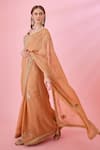 Shyam Narayan Prasad_Orange Brocade Embroidery Zardozi Leaf Neck Border Saree With Blouse  _Online_at_Aza_Fashions