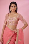 Shyam Narayan Prasad_Coral Brocade Embroidery Zardozi Leaf Neck Saree With Blouse  _at_Aza_Fashions