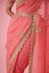 Buy_Shyam Narayan Prasad_Coral Brocade Embroidery Zardozi Leaf Neck Saree With Blouse  _Online_at_Aza_Fashions