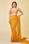 Shyam Narayan Prasad_Yellow Brocade Embroidery Zardozi Scallop Bordered Saree With Blouse  _at_Aza_Fashions