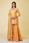 Shyam Narayan Prasad_Orange Chanderi Silk Embroidery, Gota Patti Round Neck Floral Kurta Set _at_Aza_Fashions