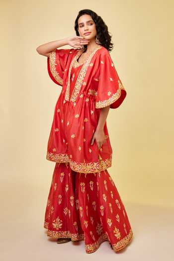 Buy_Shyam Narayan Prasad_Orange Chanderi Silk Embroidery, Gota Patti Open Neck Angrakha And Sharara Set _Online_at_Aza_Fashions