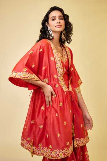 Shop_Shyam Narayan Prasad_Orange Chanderi Silk Embroidery, Gota Patti Open Neck Angrakha And Sharara Set _Online_at_Aza_Fashions