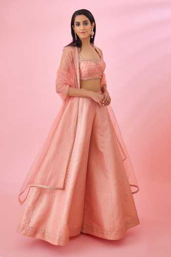 Shop_Shyam Narayan Prasad_Peach Net, Brocade Zari, Embroidery Sweetheart Neck Top Sharara Set _Online_at_Aza_Fashions