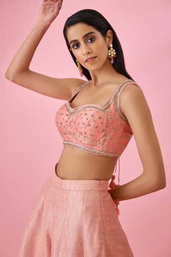 Shyam Narayan Prasad_Peach Net, Brocade Zari, Embroidery Sweetheart Neck Top Sharara Set _at_Aza_Fashions