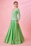 Buy_Shyam Narayan Prasad_Green Modal Satin Floral Patchwork Short Kurta Lehenga Set_Online_at_Aza_Fashions