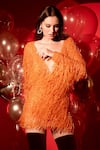 Asra_Orange Four Way Stretch Net Embroidered Beaded Tassels Plunge V Neck Dress_Online_at_Aza_Fashions