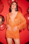 Shop_Asra_Orange Four Way Stretch Net Embroidered Beaded Tassels Plunge V Neck Dress_Online_at_Aza_Fashions