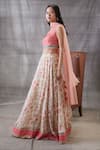 Soup By Sougat Paul_Peach Chiffon, Net Embroidery, Sequins Round Neck Zahra Floral Print Lehenga Set _Online_at_Aza_Fashions