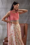 Buy_Soup By Sougat Paul_Peach Chiffon, Net Embroidery, Sequins Round Neck Zahra Floral Print Lehenga Set _Online_at_Aza_Fashions