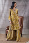 Buy_Soup by Sougat Paul_Yellow Crepe Printed Floral V Neck Sarouk Angrakha And Palazzo Set _Online_at_Aza_Fashions