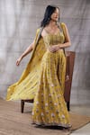 Buy_Soup by Sougat Paul_Yellow Malaysian Silk Printed Garden Jacket Open Palazzo Set _Online_at_Aza_Fashions