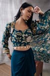 Soup by Sougat Paul_Green Crepe Printed Sequin Jacket Open Mehr Draped Skirt Set_at_Aza_Fashions