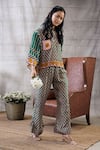 Shop_Soup By Sougat Paul_Green Crepe Embroidery Collared Taahira Checkered Print Top And Pant Set _Online_at_Aza_Fashions