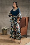 Soup by Sougat Paul_Blue Malaysian Silk Printed Floral Guldista Embroidered Top And Flared Pant Set _Online_at_Aza_Fashions