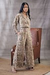 Soup by Sougat Paul_Beige Brocade Printed Tropical Notched Lapel Mehr Jacket And Flared Pant Set _Online_at_Aza_Fashions