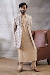 Soup By Sougat Paul_Beige Muslin Embroidery Sarouk Peacock Feather Motif Print Jacket And Kurta Set _Online_at_Aza_Fashions