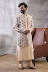 Buy_Soup By Sougat Paul_Beige Muslin Embroidery Sarouk Peacock Feather Motif Print Jacket And Kurta Set _Online_at_Aza_Fashions