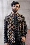 Soup By Sougat Paul_Black Silk Embroidery Geometric Print Bundi And Kurta Set _at_Aza_Fashions