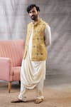 Buy_Soup By Sougat Paul_Yellow Silk Sequins, Embroidery Printed Bundi And Draped Kurta Set _Online_at_Aza_Fashions