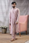 Soup by Sougat Paul_Pink Malaysian Silk Print Peacock Sarouk Abstract Kurta With Pant  _Online_at_Aza_Fashions