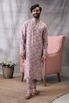 Shop_Soup by Sougat Paul_Pink Malaysian Silk Print Peacock Sarouk Abstract Kurta With Pant  _Online_at_Aza_Fashions