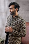 Soup by Sougat Paul_Black Malaysian Silk Print Geometric Zahra Longline Jacket And Kurta Set  _at_Aza_Fashions