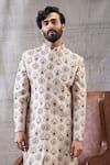 Soup By Sougat Paul_Beige Silk, Muslin Embroidery Sarouk Feather Motif Print Sherwani Set _Online_at_Aza_Fashions