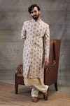 Buy_Soup By Sougat Paul_Beige Silk, Muslin Embroidery Sarouk Feather Motif Print Sherwani Set _Online_at_Aza_Fashions