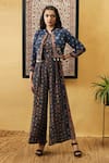 Soup By Sougat Paul_Blue Crepe Embroidery, Tassels Mandarin Zahra Printed Jumpsuit With Jacket _Online_at_Aza_Fashions