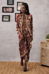 Soup By Sougat Paul_Red Crepe, Maheshwari, Silk Embroidery Mehr Printed Draped Dress With Jacket _Online_at_Aza_Fashions