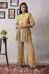 Soup by Sougat Paul_Yellow Crepe Printed And Embroidered Stripe Sarouk Peplum Kurta & Pant Set _Online_at_Aza_Fashions