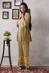 Buy_Soup by Sougat Paul_Yellow Crepe Printed And Embroidered Stripe Sarouk Peplum Kurta & Pant Set _Online_at_Aza_Fashions