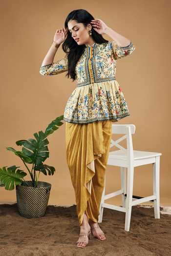 Soup By Sougat Paul_Yellow Cotton, Silk Embroidery Bird And Tile Print Peplum Top With Draped Skirt _Online_at_Aza_Fashions