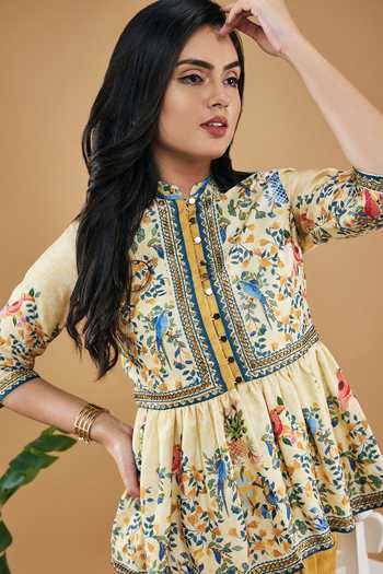 Buy_Soup By Sougat Paul_Yellow Cotton, Silk Embroidery Bird And Tile Print Peplum Top With Draped Skirt _Online_at_Aza_Fashions