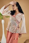 Soup By Sougat Paul_Peach Linen, Handloom Cotton Embroidery Conversational Patchwork Top And Pant Set _at_Aza_Fashions